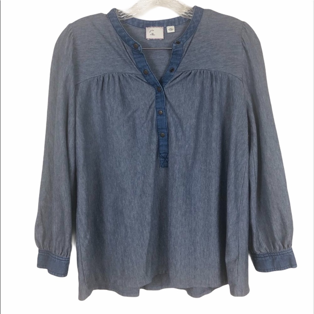 ANTHROPOLOGIE Postmark Chambray Detail Top Blue